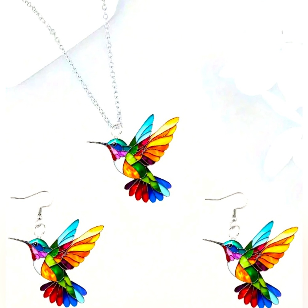 Colorful Hummingbird Necklace and Earring Set